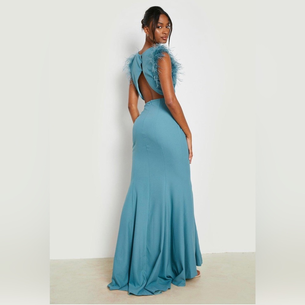 Boohoo Feather Trim Open Back Fishtail Maxi Dress